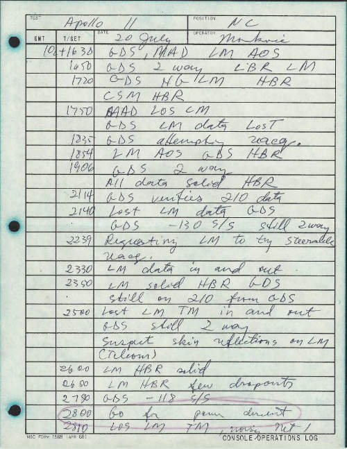 Handwritten Apollo 11 console operations log dated 20 July, entries in blue ballpoint pen.